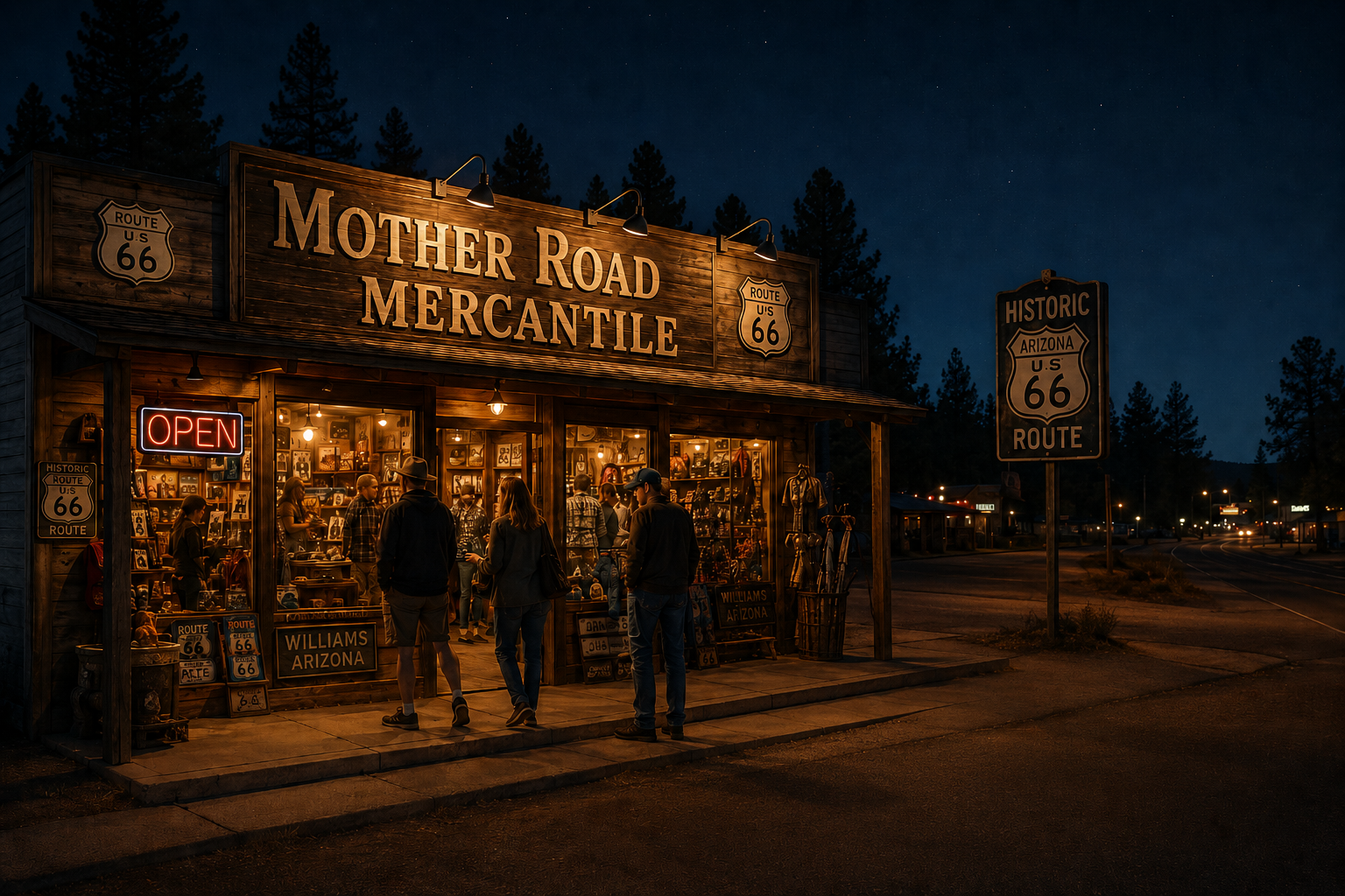 Neon shop sign glowing at dusk