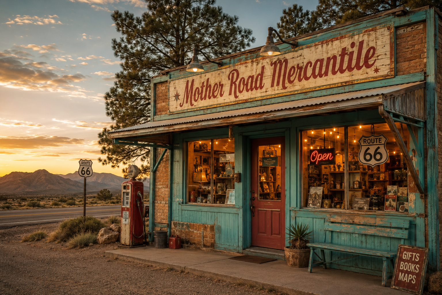 Storefront sign glowing at golden hour
