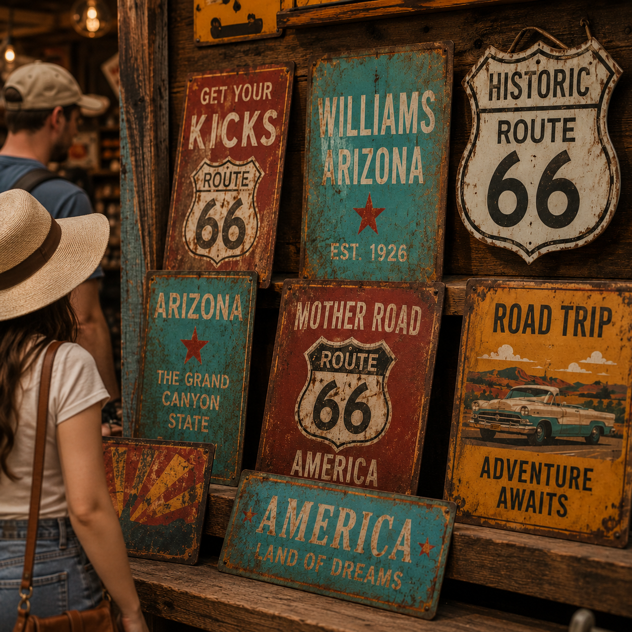Wall of vintage tin signs